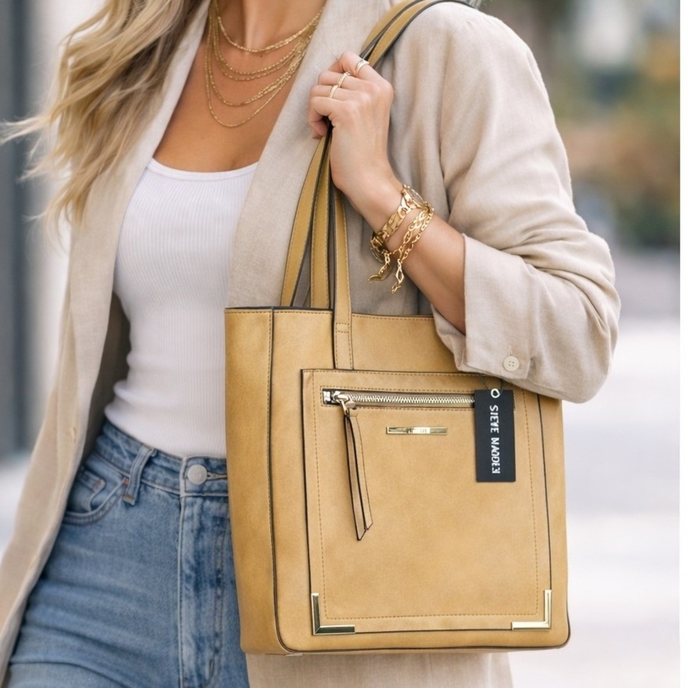 Steve Madden BTORI Tote Bag Women Large Camel Faux Leather Minimalist Boho NWT
